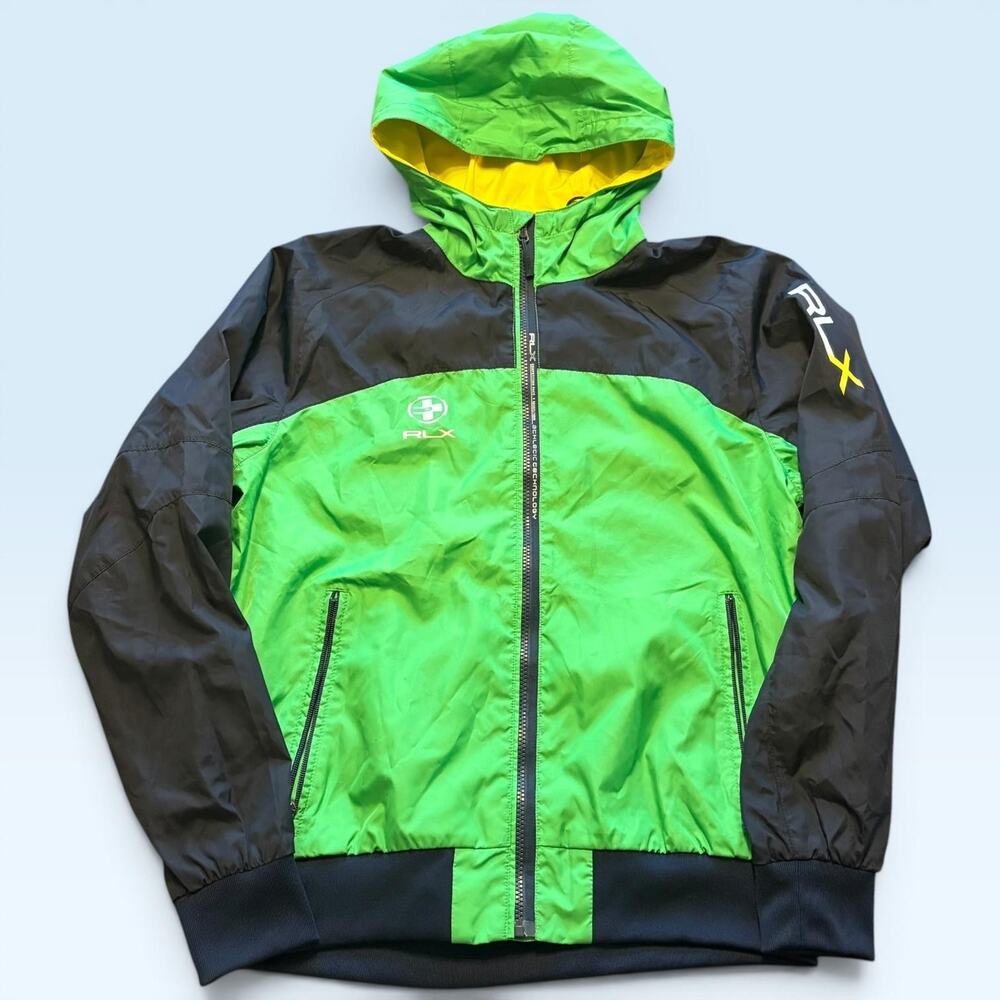 RLX Ralph Lauren Jacket Mens Medium Green Colorblock Hooded Windbreaker RLX67